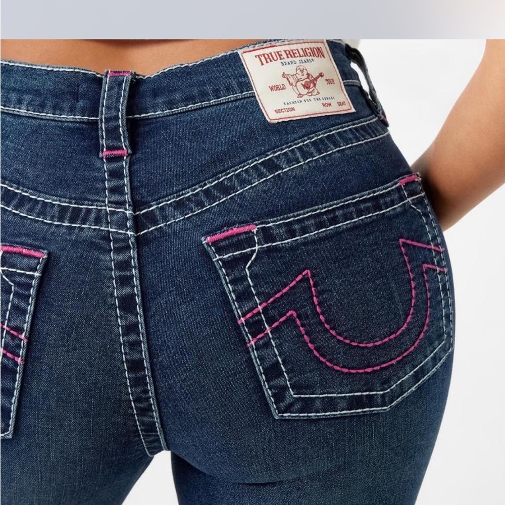 True Religion Blue and Pink Skinny Jeans with Signature Stitching